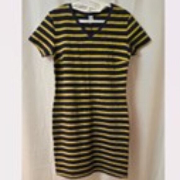 Old Navy Women Dress Bodycon V Neck Knit Blue Yellow Striped Short Sleeve Size L - Picture 2 of 12
